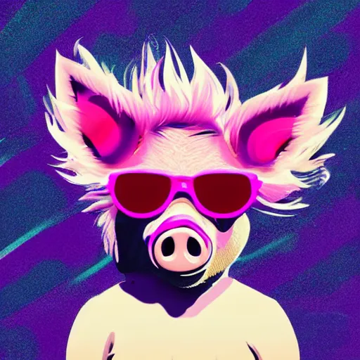 Prompt: A pig, pink mohawk hairstyle, round hippie sunglasses, synthwave style, artstation