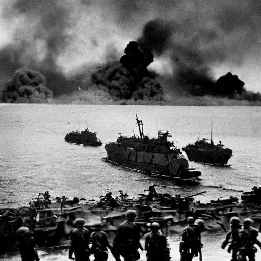 Image similar to photo of d-day, world war 2, Godzilla in distance, war, cinematic, gritty, grainy