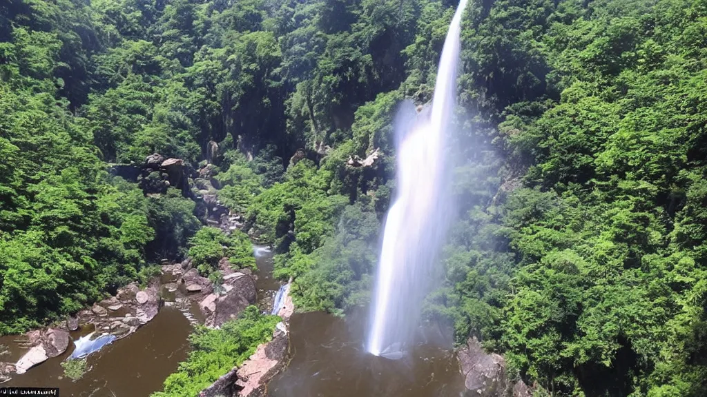 Image similar to the incense burner in the sun produces purple smoke, and the waterfall hangs on the front river ， the current flowed down three thousand feet, and it was suspected that the milky way had fallen for nine days