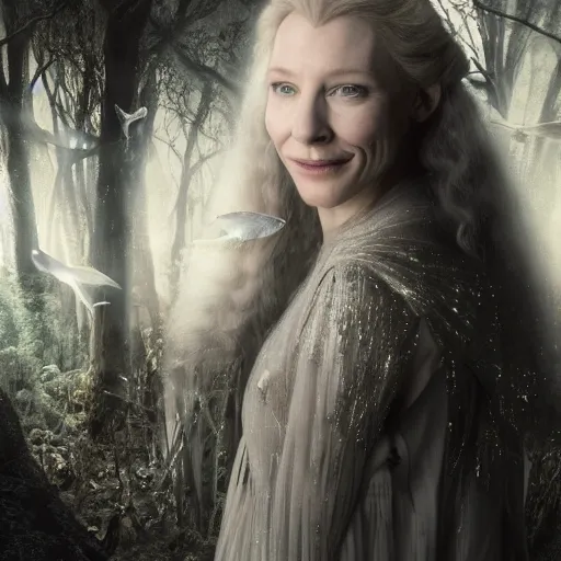 Prompt: portrait of ((mischievous)), baleful young, (mysteriously) smiling (Cate Blanchett) as Galadriel as a queen of fairies, dressed in a beautiful silver dress. The background is a dark, creepy eastern europen forrest. night, horroristic shadows, high contrasts, lumnious, photorealistic, dreamlike, (mist filters), theatrical, character concept art by ruan jia, John Anster Fitzgerald, thomas kinkade, and J.Dickenson, trending on Artstation