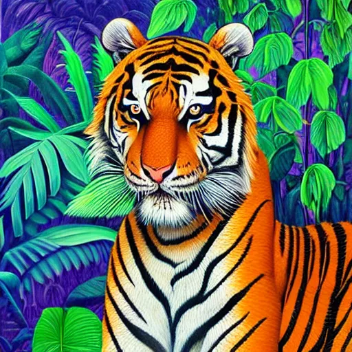 Prompt: intricate five star tiger in the jungle by casey weldon, oil on canvas, hdr, high detail, photo realistic, hyperrealism, matte finish, high contrast, 3 d depth, centered, masterpiece, vivid and vibrant colors, enhanced light effect, enhanced eye detail, artstationhd