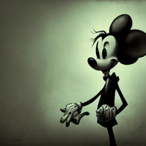 Prompt: michael karcz grunge drawing of mickey mouse. , in the style of corpse bride, loony toons style, horror themed, detailed, elegant, intricate, trending on artstation, 4k