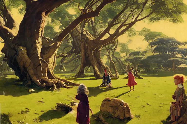 Image similar to 5 0 s pulp scifi illustration, space girl beside baobab tree on expansive english country lawn, by wadim kashin, norman rockwell, morgan weistling, earle bergey, craig mullins, ruan jia, chris foss, tyler edlin