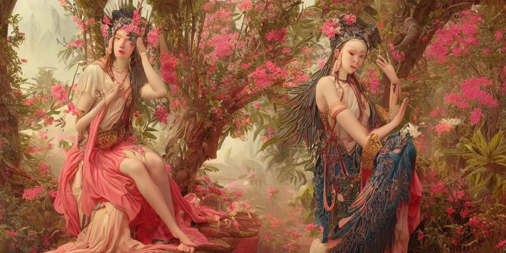 Image similar to breathtaking detailed concept art painting of the goddess of flamingo, orthodox saint, with anxious, piercing eyes, ornate background, amalgamation of leaves and flowers, by Hsiao-Ron Cheng and John James Audubon, extremely moody lighting, 8K