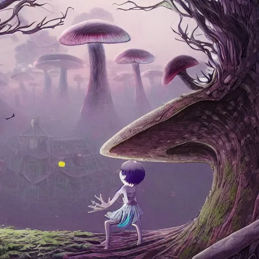 Image similar to A scary godlike fairy killing a frog. award winning. superb resolution. in the art style of junji Ito and greg rutkowski . Detailed Mushroom city in background. Hyper realistic anime. Perfect art. Dalle2