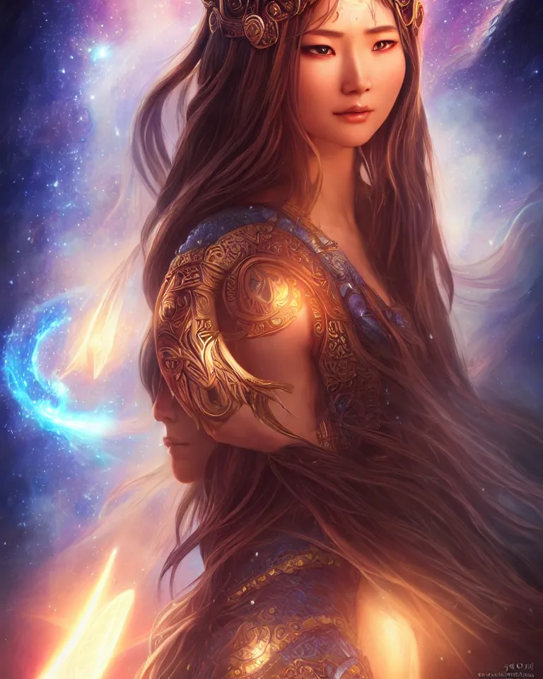 Image similar to beautiful cinematic fantasy poster, asian goddess of light and love, beautiful glowing galaxy eyes, hybrid from The Elden Ring and art direction by Darius Zawadzki ;by artgerm; wayne reynolds art station; cinematic quality character render; low angle; ultra high quality model; production quality cinema model;