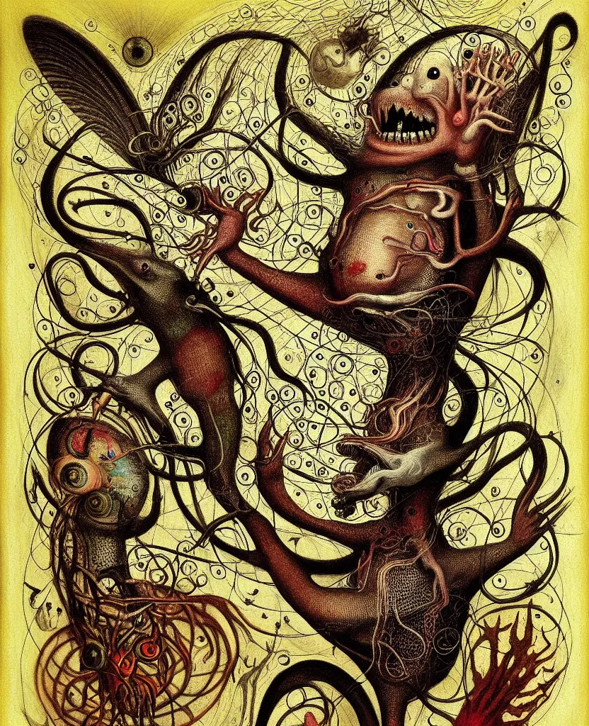 Image similar to whimsical freaky creature sings a unique canto about'as above so below'being ignited by the spirit of haeckel and robert fludd, breakthrough is iminent, glory be to the magic within, painted by ronny khalil