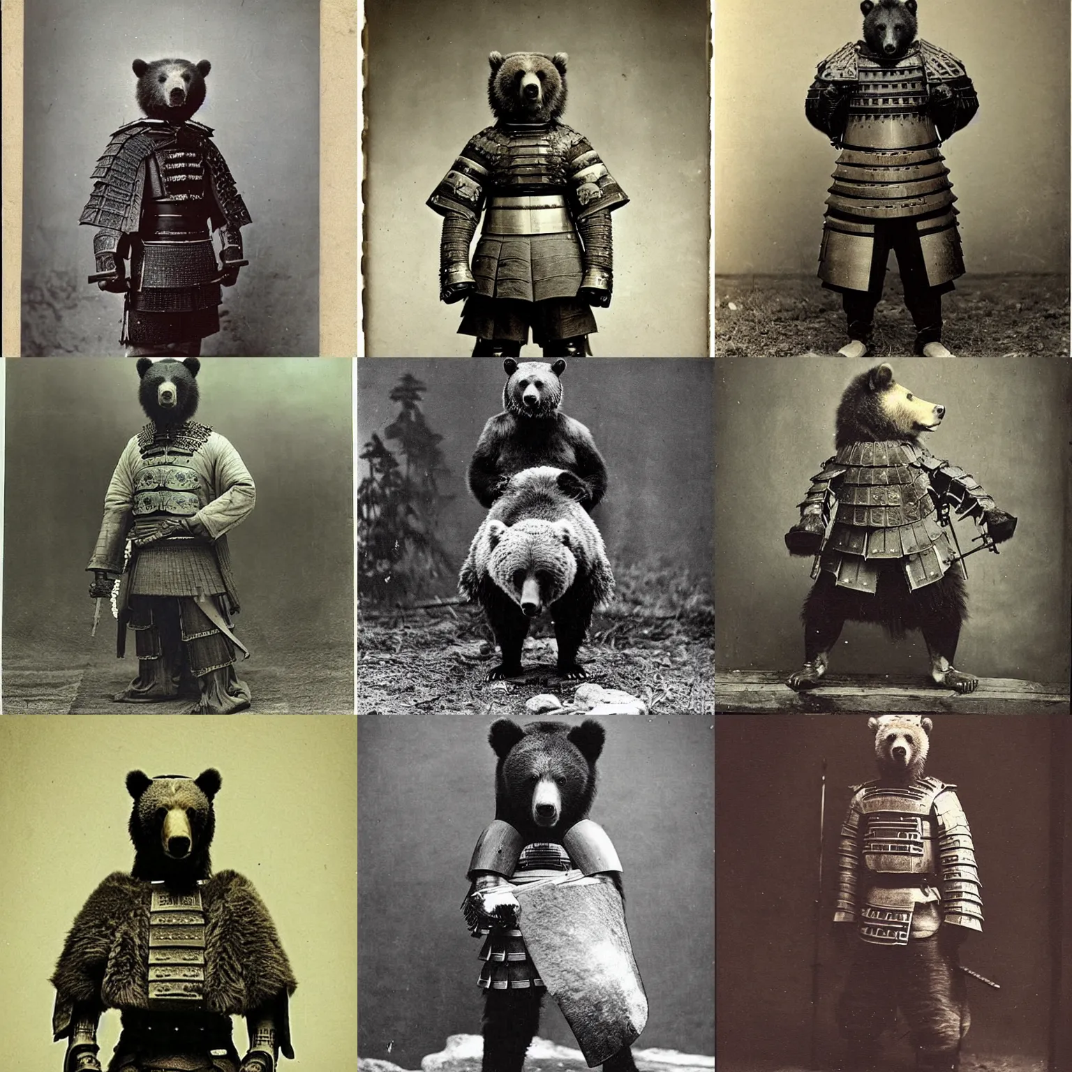 Prompt: “grizzly bear in full samurai armour, 1900’s photo”