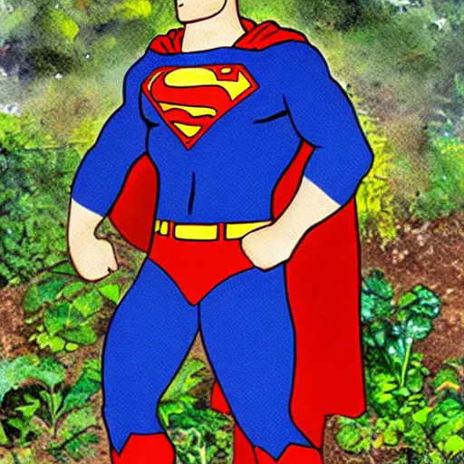 Prompt: Superman in the garden digs potatoes