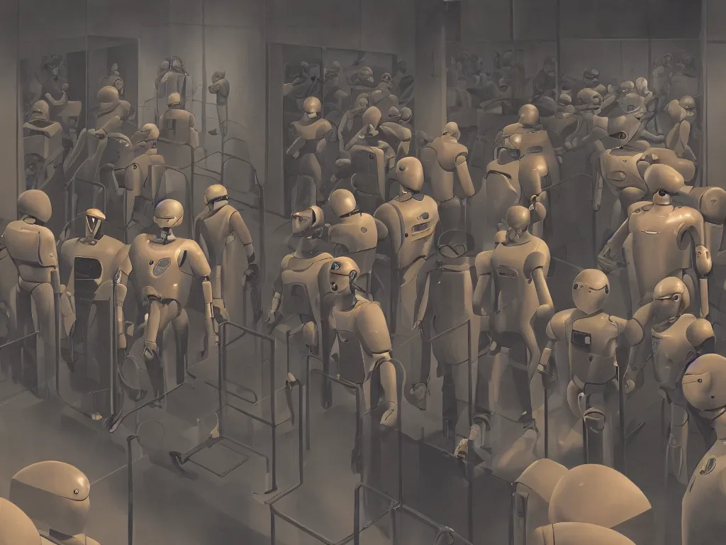 Prompt: authoritarian robot cops herd young men into security cells in a fascist police state, art by manuel sanjuian and george tooker and james paick, cinematic, spooky science fiction, digital illustration, 8 k resolution, hyperrealism