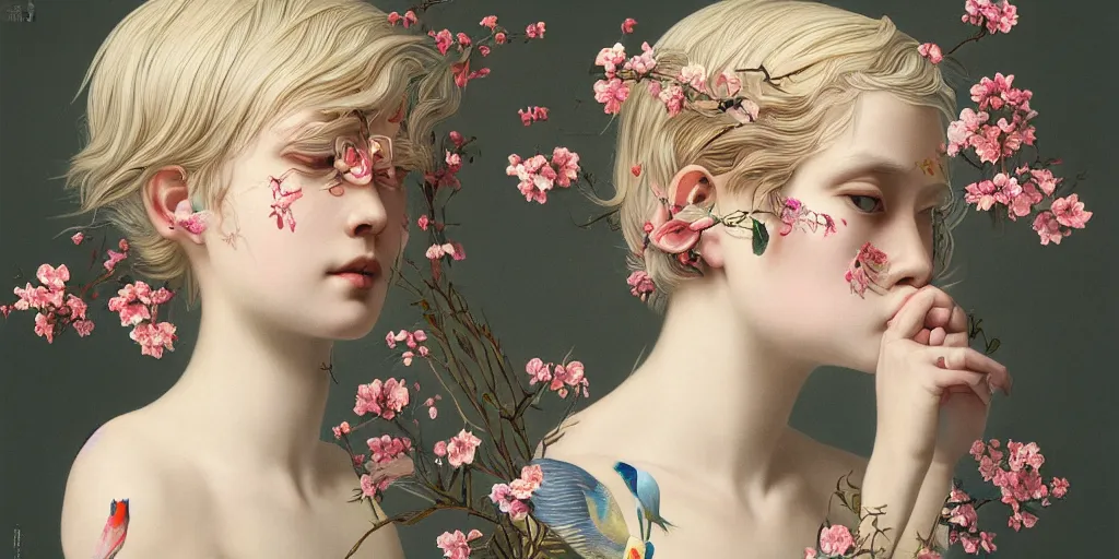 Image similar to breathtaking detailed concept art painting pattern of blonde short hair faces weird girls with anxious piercing eyes and blend of flowers and birds, by hsiao - ron cheng and john james audubon, bizarre compositions, exquisite detail, extremely moody lighting, 8 k