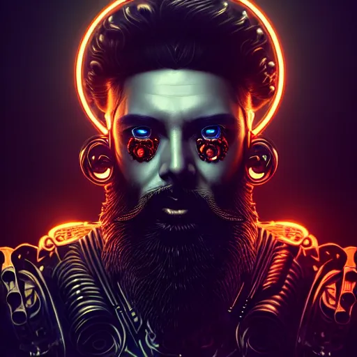 Image similar to bearded man with extremely large and intricate eye cyberpunk bionics with angry red eyes and slim features looking askance, eye cyberpunk bionics, retro futurist style, intricate, elegant gleaming intricate baroque jewelry, angelic halo, highly detailed, digital painting, artstation, concept art, smooth, sharp focus, illustration, art by wlop, mars ravelo and greg rutkowski,