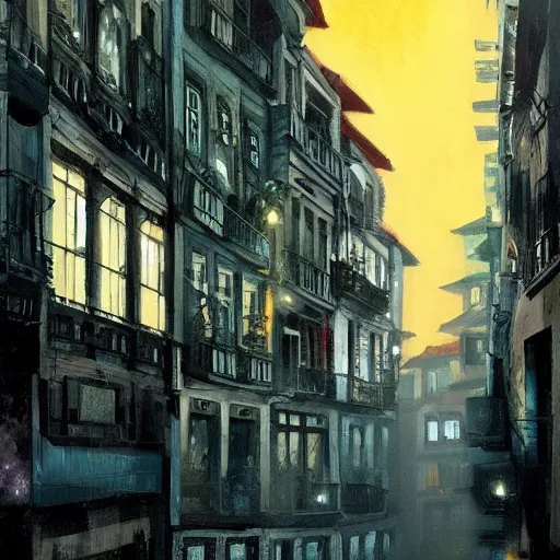 Image similar to the city of Oporto Portugal depicted in the style of blade runner