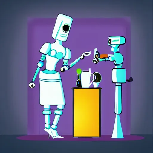 Prompt: retrofuturistic style, robot maid serving a drink