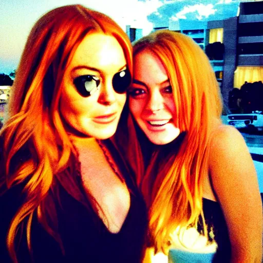 Image similar to Selfie photograph of Lindsay Lohan and Lindsay Lohan, golden hour, 8k,