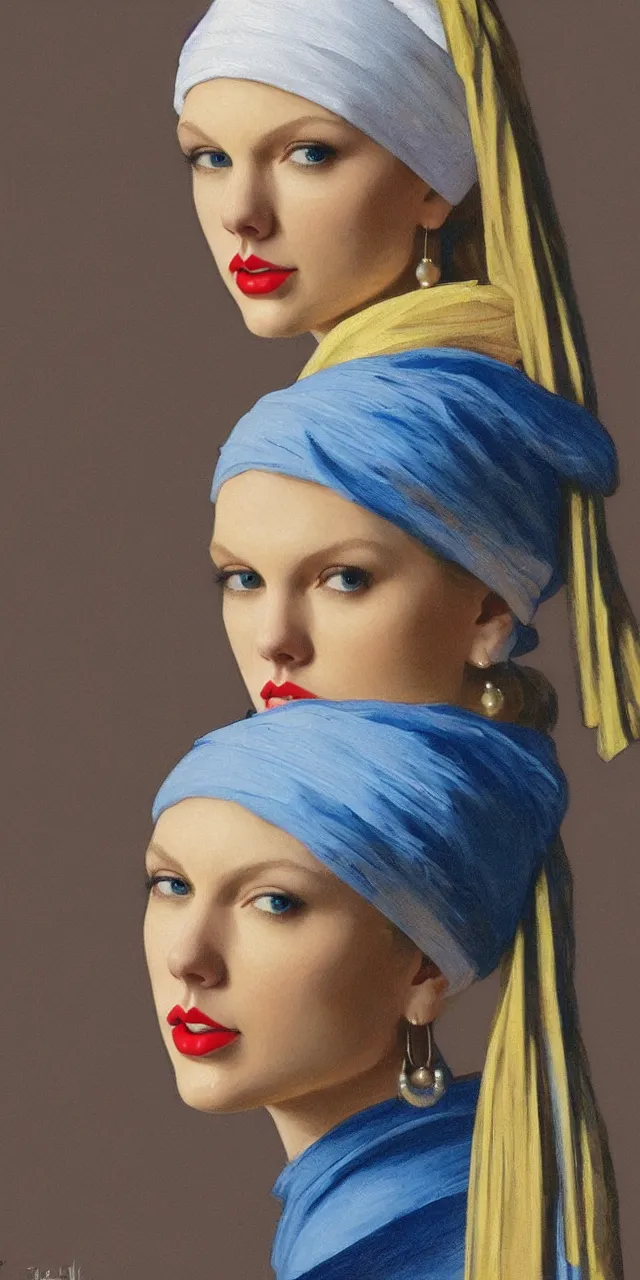 Image similar to Taylor Swift as the girl with the pearl earring, highly detailed, digital painting, artstation, concept art, smooth, sharp focus, illustration, ArtStation, art by artgerm and greg rutkowski and alphonse mucha and J. C. Leyendecker and Edmund Blair Leighton and Katsuhiro Otomo and Geof Darrow and Phil hale and Ashley wood and Ilya repin and Charlie Bowater