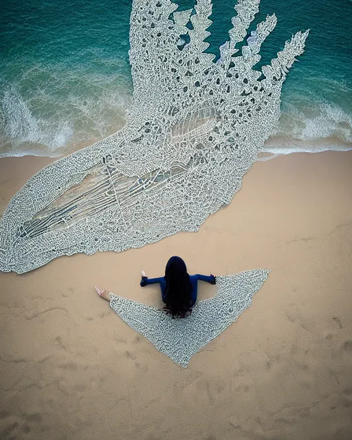 Image similar to a woman sitting on a beach, made of intricate decorative lace leaf skeleton, shot from a drone, in the style of the dutch masters and gregory crewdson, dark and moody