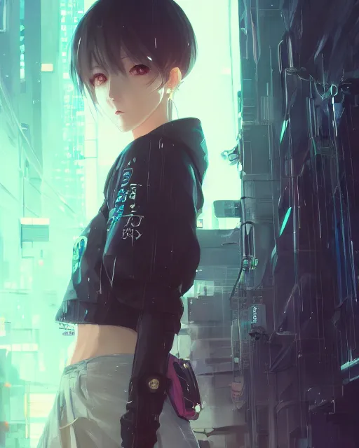 Image similar to kyoto animation, cool girl wearing cyberpunk intricate streetwear, beautiful, detailed portrait, cell shaded, 4 k, concept art, by wlop, ilya kuvshinov, artgerm, krenz cushart, greg rutkowski, pixiv. cinematic dramatic atmosphere, sharp focus, volumetric lighting, cinematic lighting, studio quality