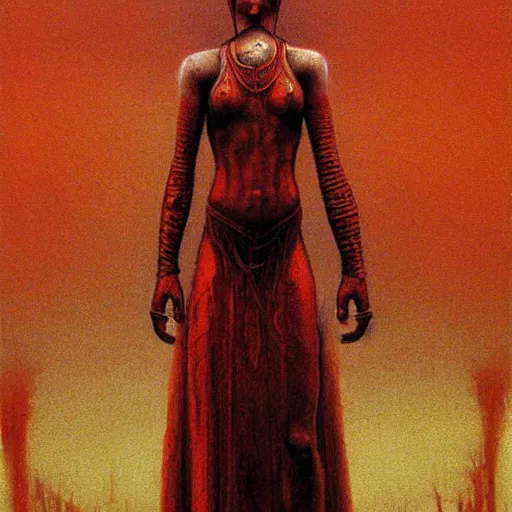 Image similar to Warrior princess with red armor in the style of Zdzislaw Beksinski