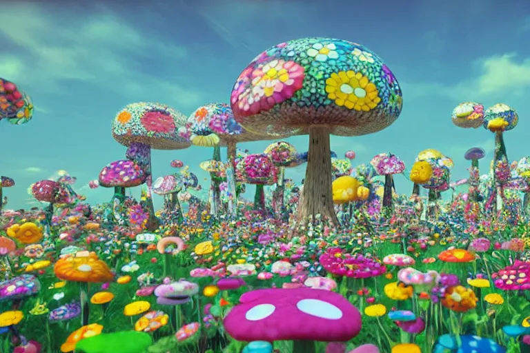 Image similar to Floral psychedelic apocalypse caused by the crashing of the Murakami flower meteor in the peaceful village of mushrooms, unreal engine 5 render, art by Takashi Murakami, Meteor made out of Murakami flowers, tiny mushroom village