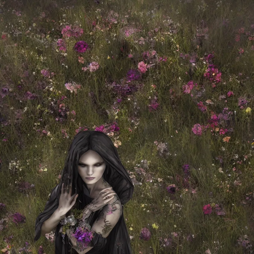 Image similar to tranquil oblivion of A Gothic goddess of floral jewels in an empty land, dark and mysterious, lively atmospheric, cinematic, Epic, 8k, 4k, ultra detail, ultra-realistic, rendered by devinart