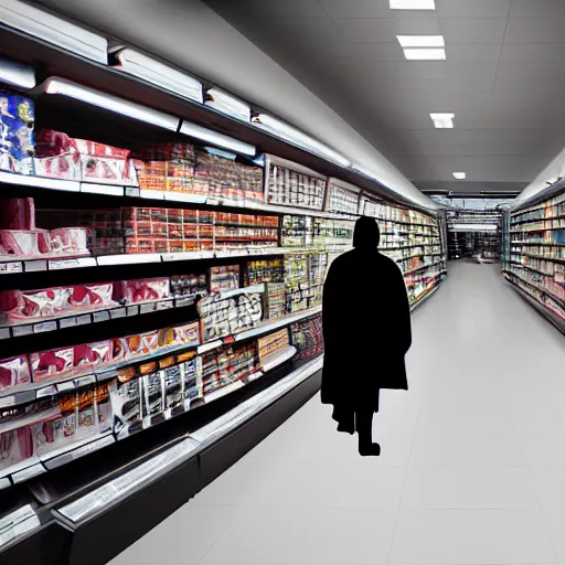 Image similar to A still of a Darth Vader shopping for groceries, 4k, photograph, photoreal, ultra realistic, highly detailed, professional lighting