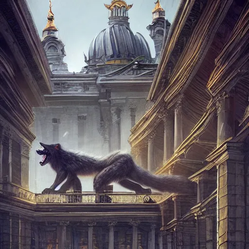 Image similar to werewolf highly sitting on the opera house at lviv, panorama, highly detailed, full body, digital painting, trending on artstation, concept art, sharp focus, illustration, art by artgerm and greg rutkowski and magali villeneuve