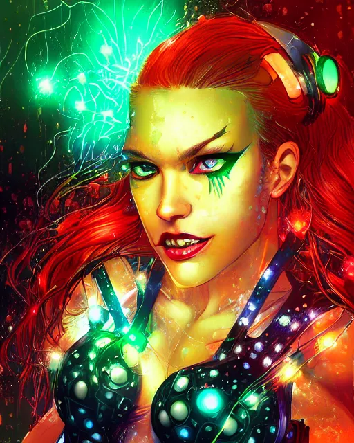 Image similar to a cyberpunk close up portrait of enchanting cyborg poison ivy, electricity, rainbow, sparks, bokeh, soft focus, sparkling, glisten, water drops, cold, dark, geometric, temples behind her, by paul lehr, jesper ejsing