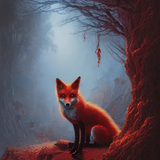 Image similar to photorealistic demonic fox in the style of michael whelan and gustave dore. hyperdetailed photorealism by greg rutkowski. 1 0 8 megapixels, 3 d finalrender, cinematic lighting