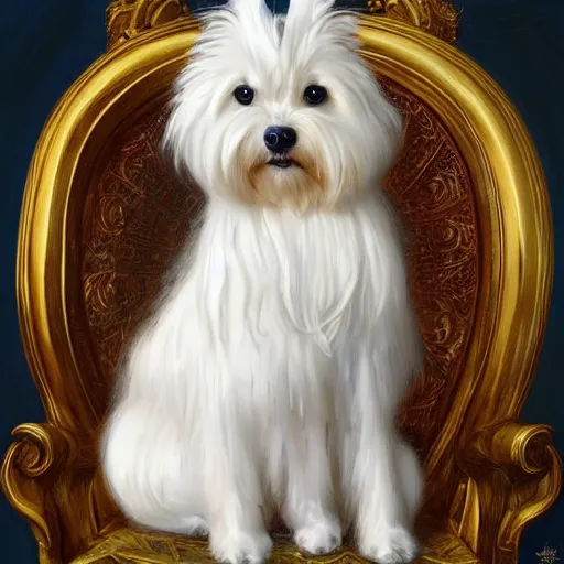 Prompt: white yorkshire terrier sitting on throne, cats sitting around throne, portrait art by donato giancola and greg rutkowski, realistic face, digital art, trending on artstation, symmetry