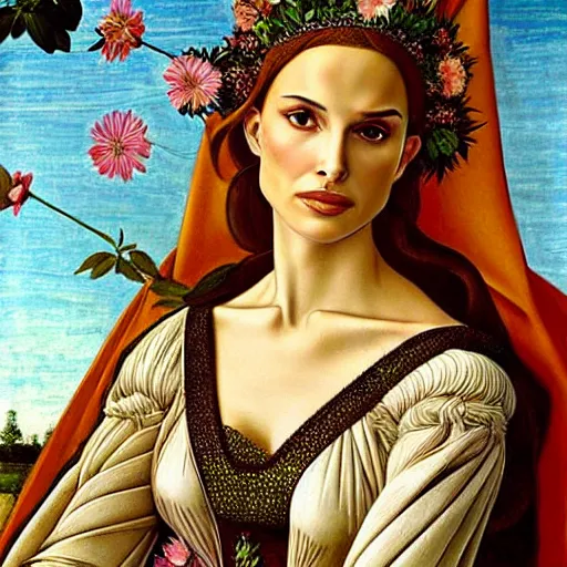 Image similar to natalie portman as the goddess of spring, elegant portrait by sandro botticelli, detailed, symmetrical, intricate