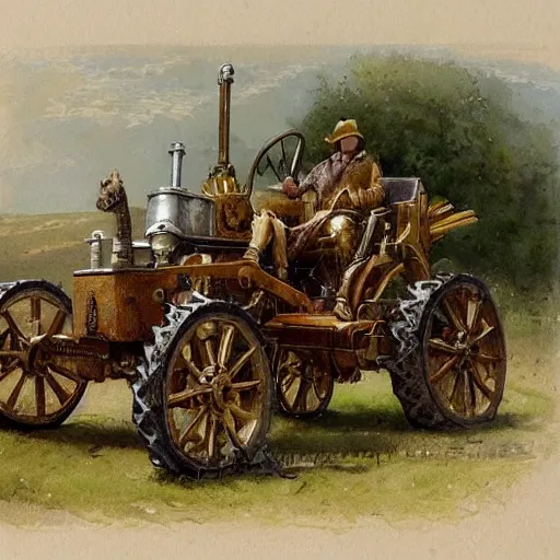 Prompt: ( ( ( ( ( the medieval king riding royal farm tractor, fully ornated with intricate gold and jewels. muted colors. ) ) ) ) ) high resolution, high quality, by jean - baptiste monge