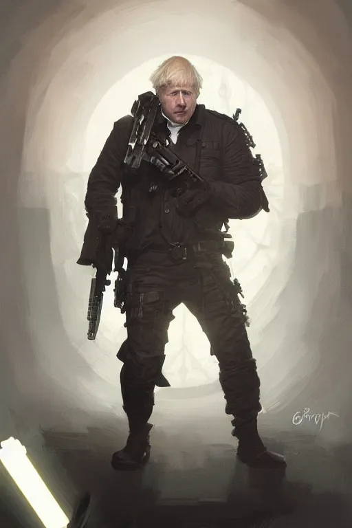 Image similar to Boris Johnson as Punisher, portrait, highly detailed, digital painting, artstation, concept art, sharp focus, illustration, cinematic lighting, art by artgerm and greg rutkowski and alphonse mucha