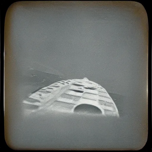 Image similar to lovecraftian alien ship seen from perspective of airplane window, real Polaroid photograph