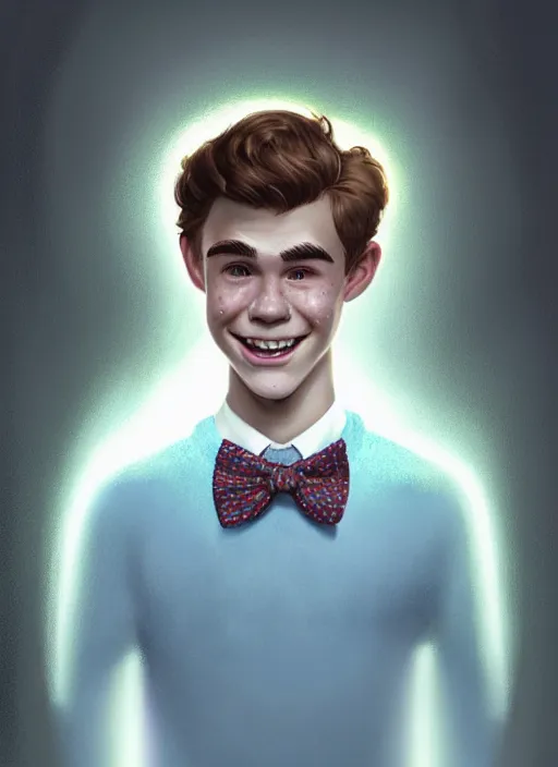 Image similar to portrait of teenage archie andrews, freckles, curly middle part haircut, curly hair, middle part hairstyle, smiling kindly, wearing a bowtie and sweater vest, intricate, elegant, glowing lights, highly detailed, digital painting, artstation, concept art, smooth, sharp focus, illustration, art by wlop, mars ravelo and greg rutkowski