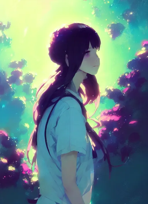 Image similar to portrait of cute girl, very psychedelic space background illustration concept art anime key visual trending pixiv fanbox by wlop and jeremy mann painting greg rutkowski and makoto shinkai and studio ghibli and kyoto animation