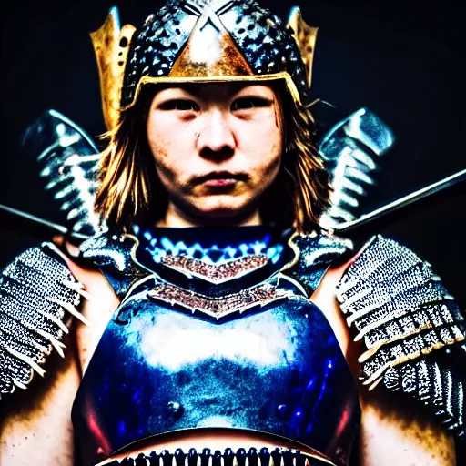 Image similar to photo of a real-life beautiful warrior with sapphire encrusted armour