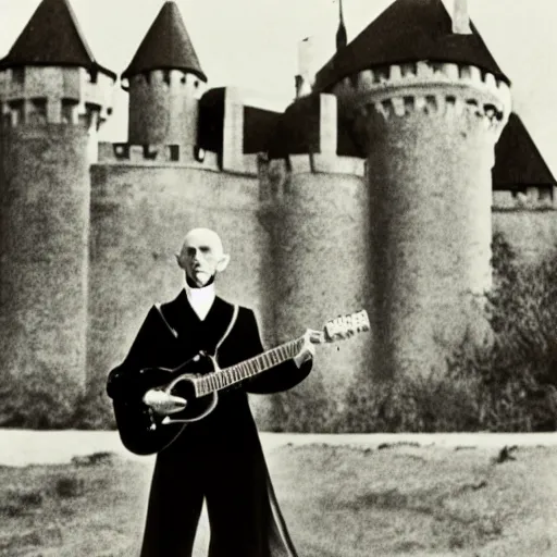 Image similar to vintage photograph of count orlok outside his castle, playing the blues on guitar, castle in the background, 4 k