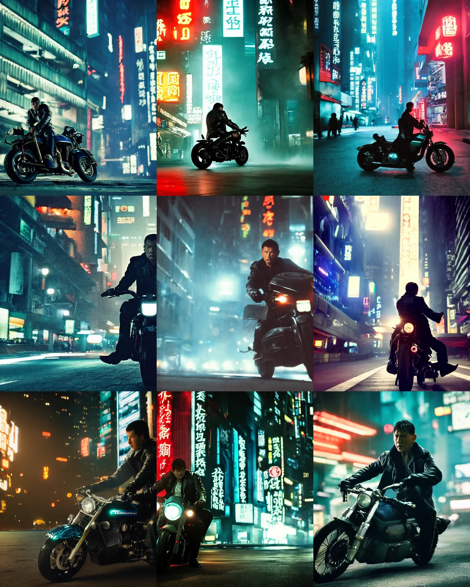 Prompt: blade runner movie action still of a yakuza on a motorbike, the gangster is holding out a long katana, underground parking garage in the background, rack focus, close establishing shot, monochromatic teal, dark teal lighting, soft dramatic lighting, 4 k digital camera