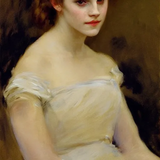 Prompt: portrait painting of emma watson, by john singer sargent, ilya repin, bouguereau, carolus - duran, elegant, 1 9 th - century, old masters, award winning, louvre collection, museum collection, realistic face, detailed