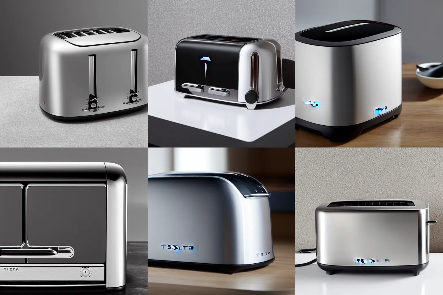 Prompt: photograph of a toaster designed by tesla and apple, product photography, 8 k, ergonomic design, slick design