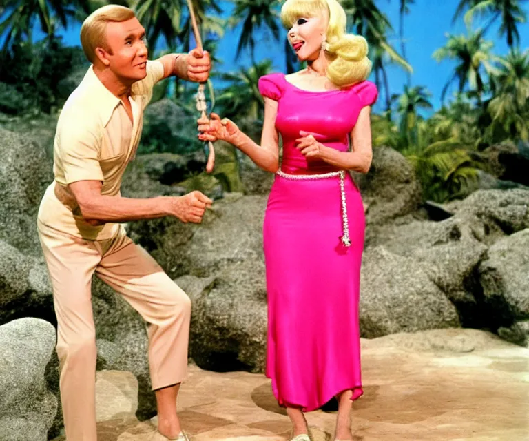 Prompt: barbara eden as jeannie is a guest - star on an episode of gilligan's island with gilligan and the skipper, video still, hyperrealistic, very detailed and lifelike