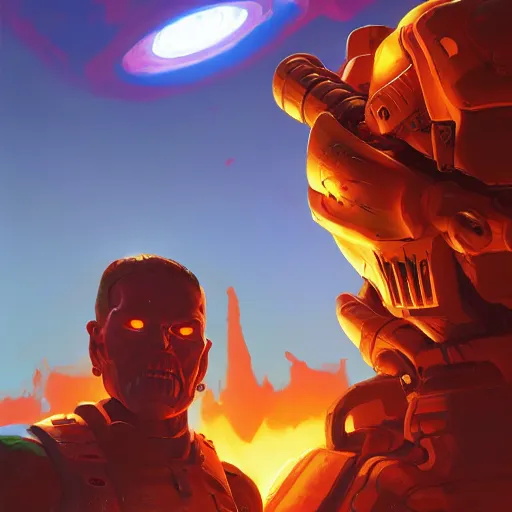 Image similar to doomguy, 4 k, hd 2 0 2 2 3 d global illumination rtx hdr style radiating a glowing aura global fanart artstation by jesper ejsing, by rhads, makoto shinkai and lois van baarle, ilya kuvshinov, rossdraws digital painting, illustration, cinematic lighting pixar and disney unreal