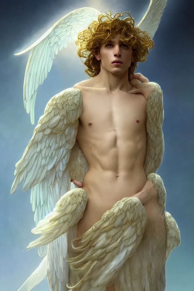 Image similar to fullbody portrait of a beautiful young fit male angel with curly blond hairs, full dressed in long fluent clothes, majestic big dove wings, luminous halo, by greg rutkowski and alphonse mucha, gradient white to gold, in front of an iridescent background, highly detailed portrait, digital painting, artstation, concept art, smooth, sharp focus illustration