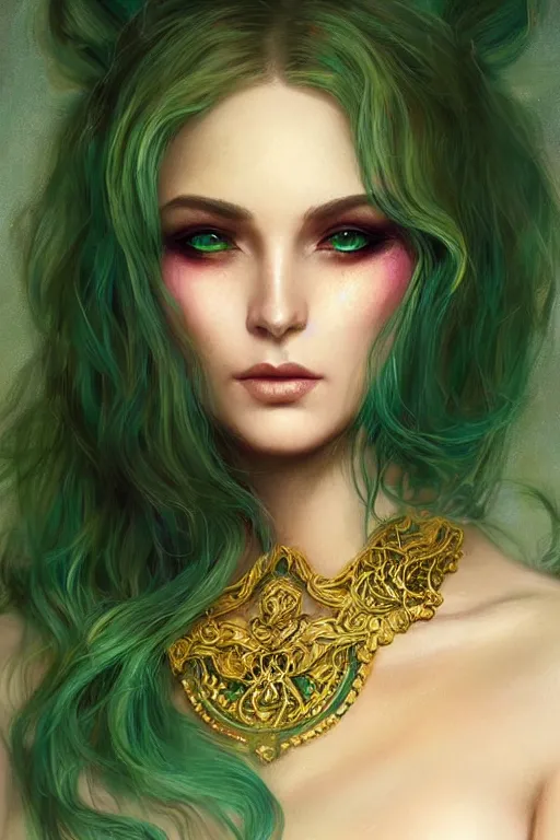Image similar to a seductive beautiful witch from belarus, with a perfect face!!! shiny green iridescent makeup on skin, bust portrait, gold jewelry, dnd, face, fantasy, intricate, elegant, highly detailed, digital painting, artstation, concept art, smooth, sharp focus, illustration, art by artgerm and greg rutkowski and alphonse mucha