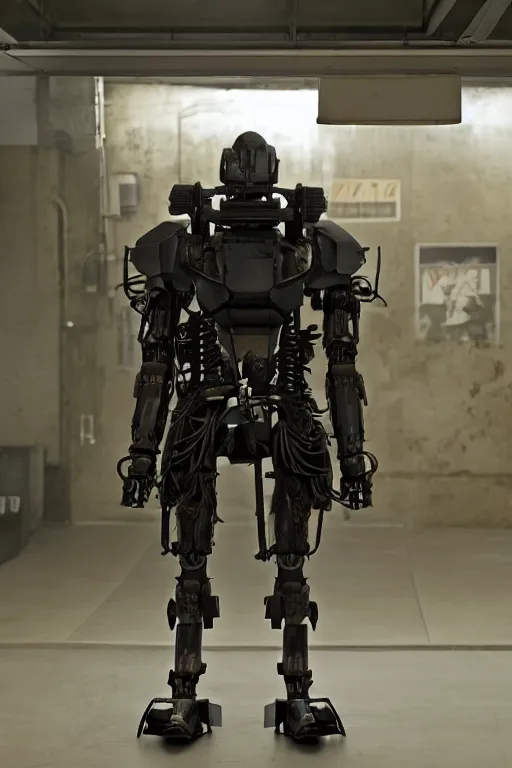 Prompt: samurai inspired mecha standing in Small garage fluorescent lights real steel (2011) robot Black. exposed wiring joints. Scowling angry face. Glowing eyes. intimidating cyberpunk style of Roger Deakins Jeremy Saulnier Newton Thomas Sigel Robert Elswit Greig Fraser trending rtx on ue5. 35mm Kodak Vision 2383 gritty atmospheric Bladerunner 2049