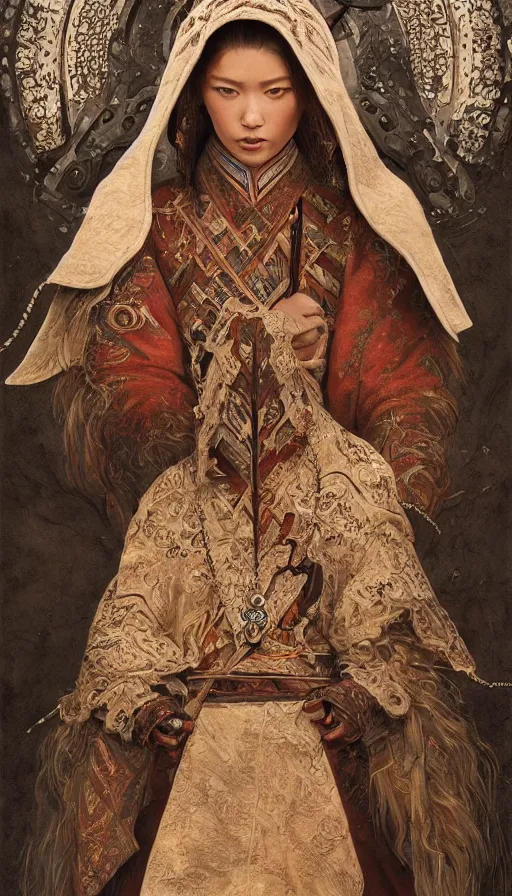 Prompt: hunter shafer, traditional mongolian clothing, fame of thrones, fibonacci, sweat drops, intricate fashion clothing, insane, intricate, highly detailed, surrealistic, digital painting, artstation, concept art, smooth, sharp focus, illustration, unreal engine 5, 8 k, art by artgerm and greg rutkowski and alphonse mucha