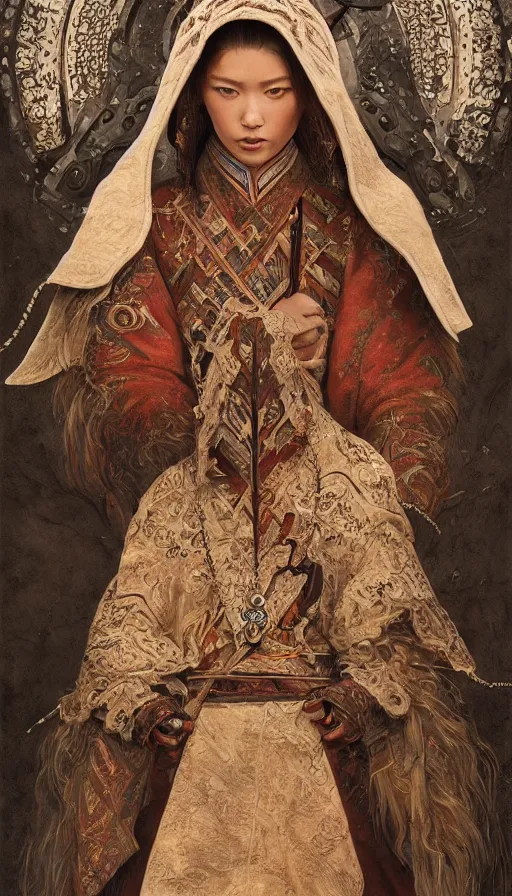 Image similar to hunter shafer, traditional mongolian clothing, fame of thrones, fibonacci, sweat drops, intricate fashion clothing, insane, intricate, highly detailed, surrealistic, digital painting, artstation, concept art, smooth, sharp focus, illustration, unreal engine 5, 8 k, art by artgerm and greg rutkowski and alphonse mucha