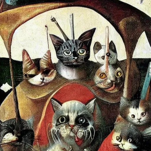 Prompt: a world invaded by cats, hieronymus bosch, very detailed