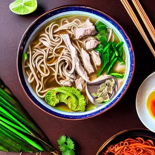 Image similar to flatlay realistic photo of delicious pho, ramen, highly detailed, natural light, 8 k hd, award winning, artstation,